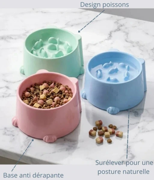 gamelle anti-glouton pour chat surélevée design poissons, base antidérapante pour une posture naturelle