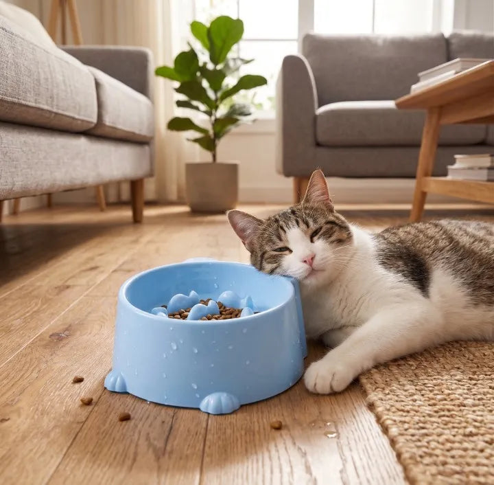 chat sur une gamelle anti glouton bleu dans un salon