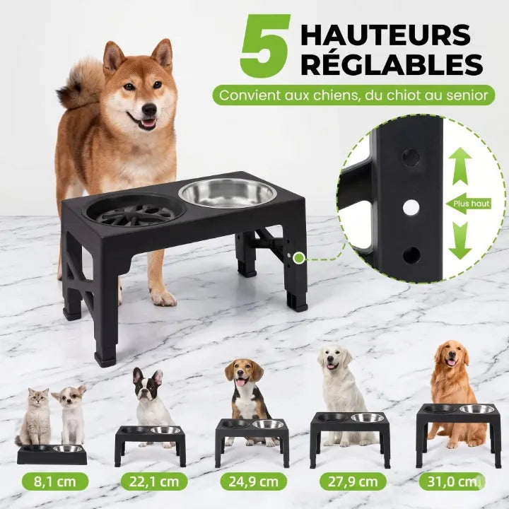 gamelle anti-glouton 3 en 1 réglable en hauteur pour chien