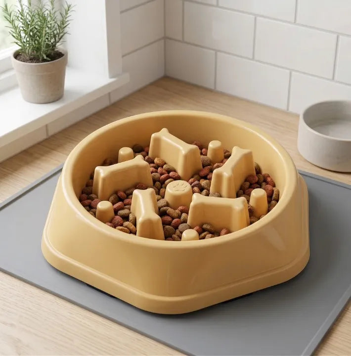 gamelle anti-glouton chien design os jaune sur plan de travail